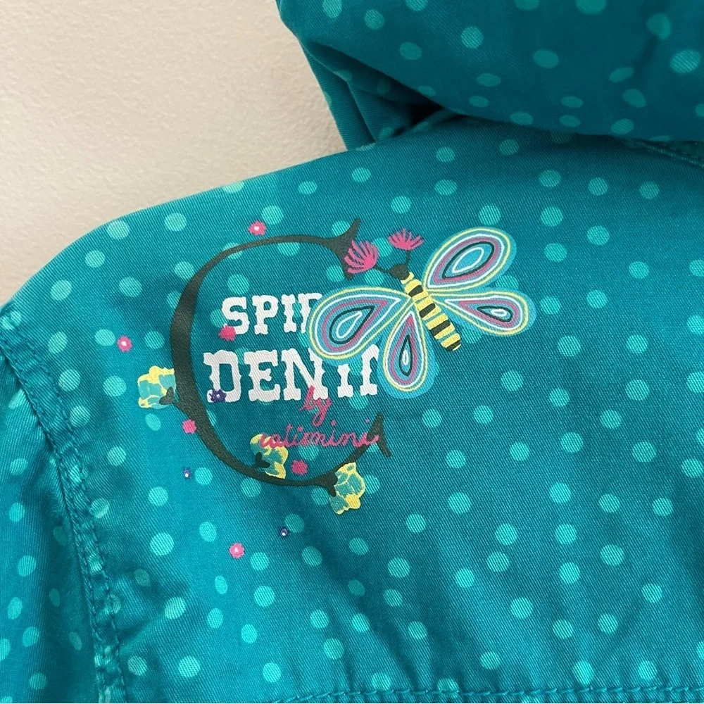 Catimini Jacket Kids size 12 Teal Polka Dot Spring Jacket Pink Hood full zipper
